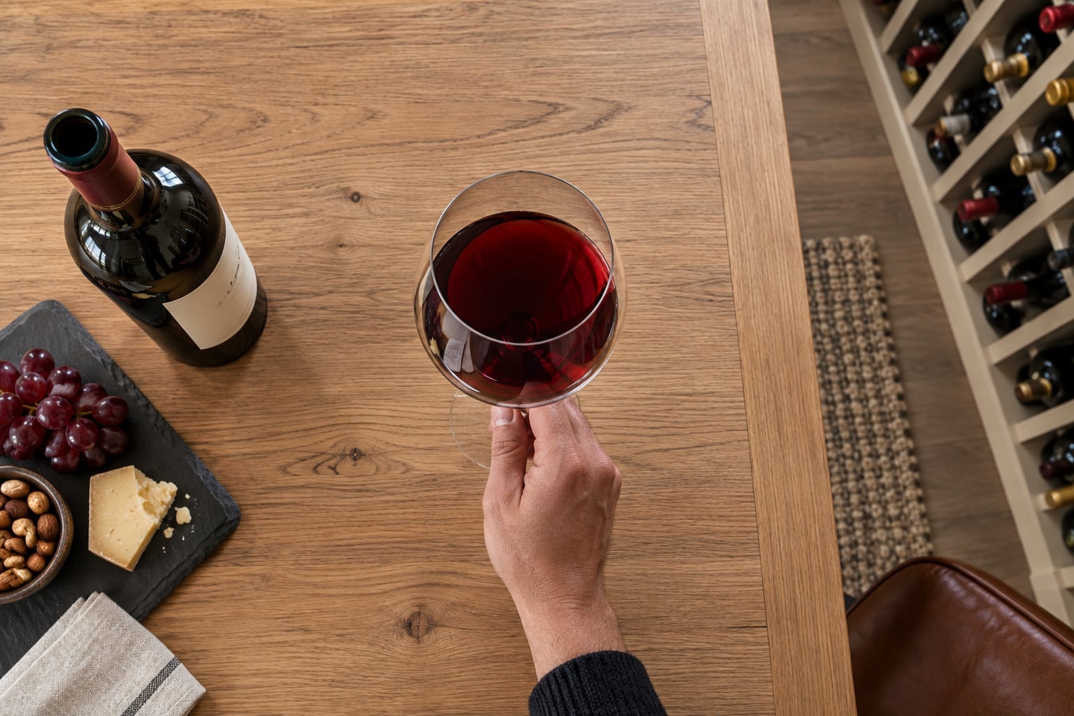 A hand holding a glass of red wine above a wooden tasting table