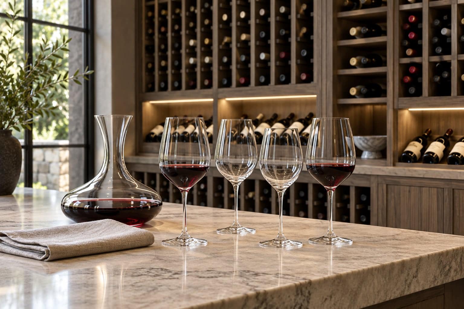 Four wine glasses and a decanter on a marble counter in front of a stocked wood wine cabinet