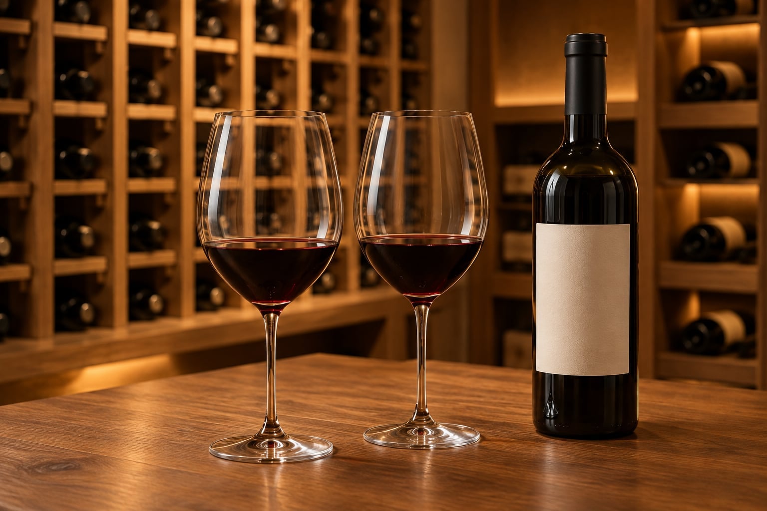 Two red wineglasses and an unprinted wine bottle arranged on a wood tasting table in a warmly lit cellar.