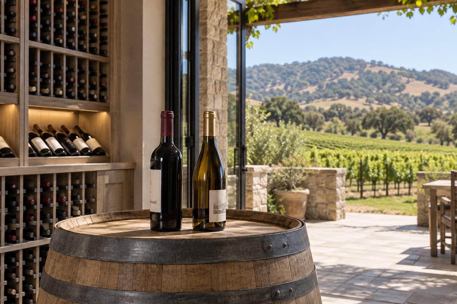 Red and white wine bottles on an oak barrel at a hillside vineyard patio