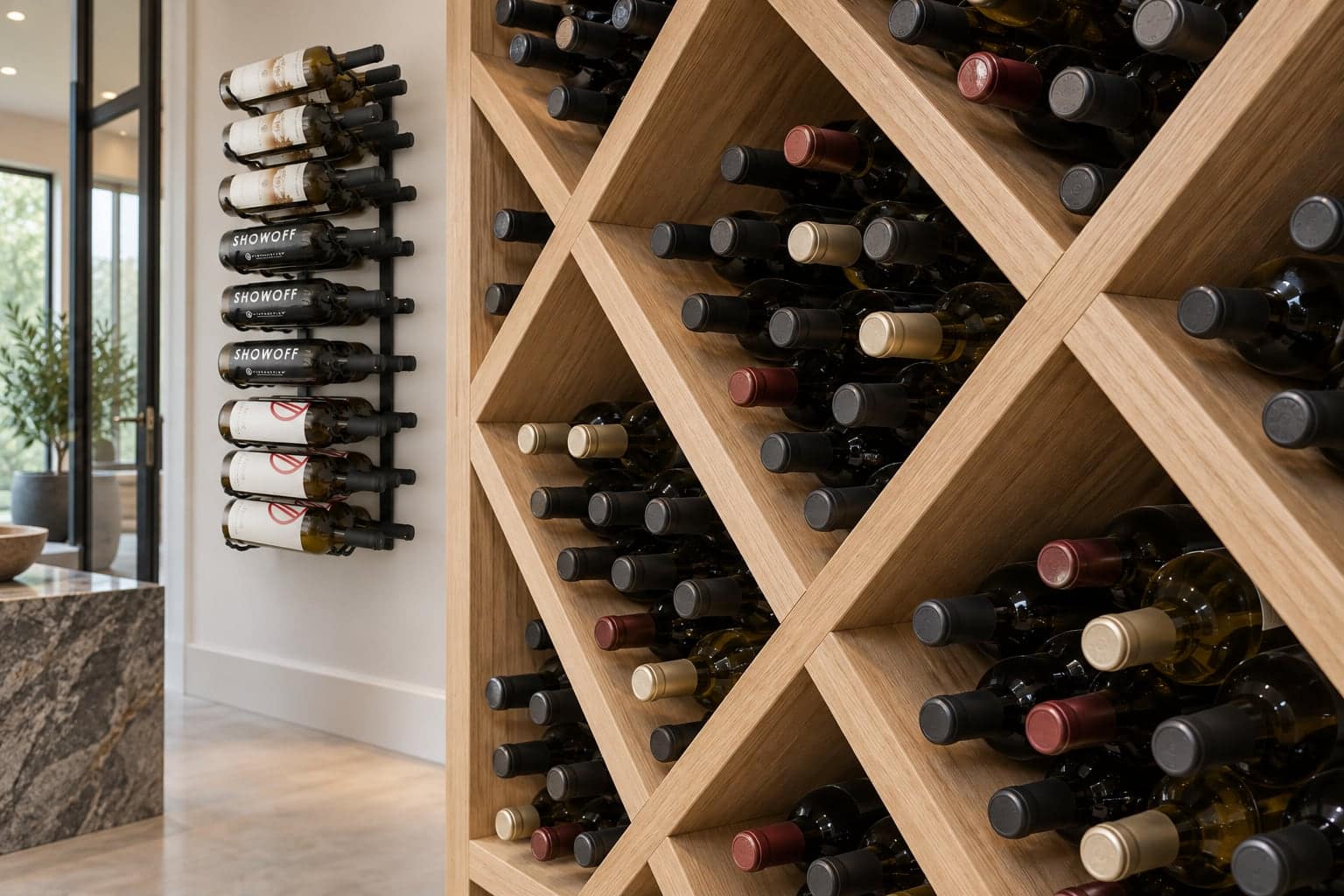 Diamond wine bin rack loaded with bottles beside a black VintageView wall rack in a bright cellar