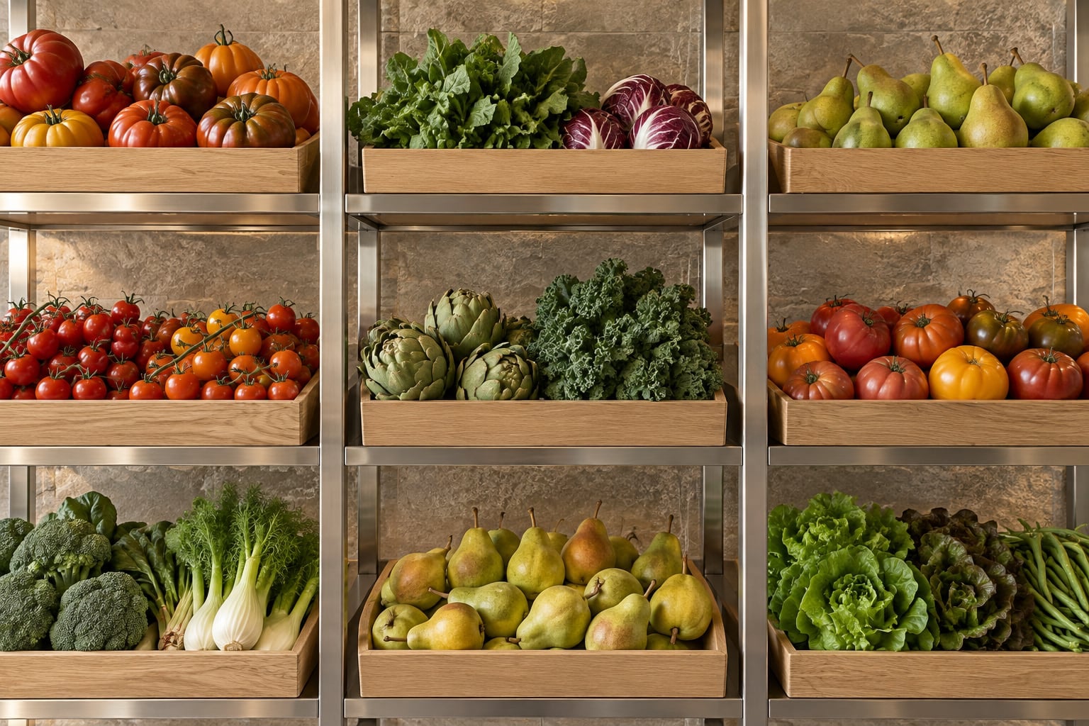 Wooden crates of tomatoes, greens, pears and broccoli on a stone-backed display shelf
