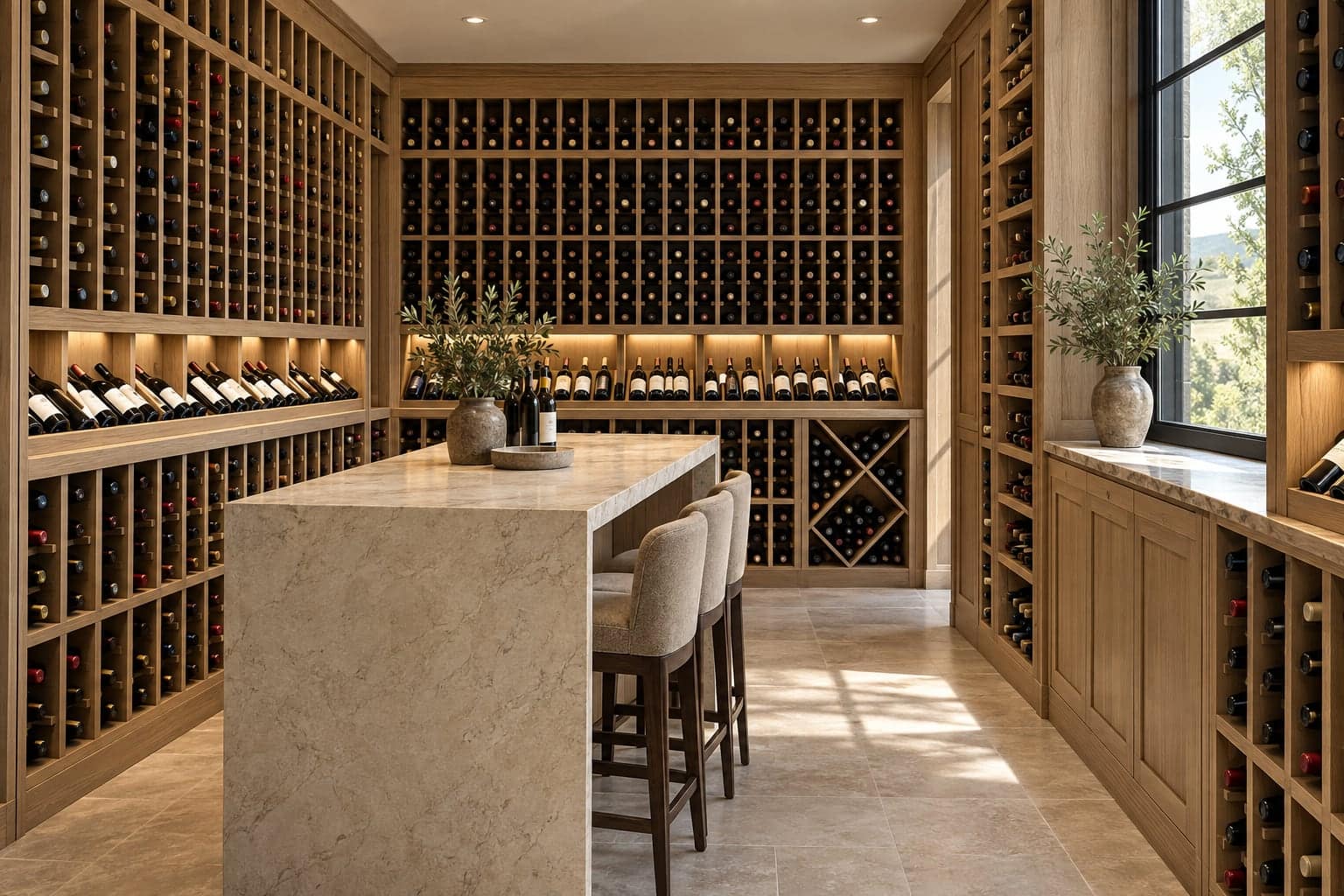 Wood-paneled wine cellar with floor-to-ceiling bottle racks, a stone island and vineyard view