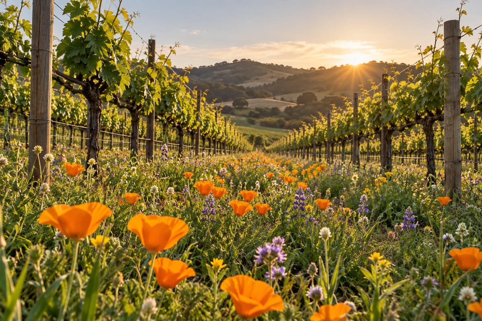 Orange poppies and wildflowers in cover crop between vineyard rows at sunset