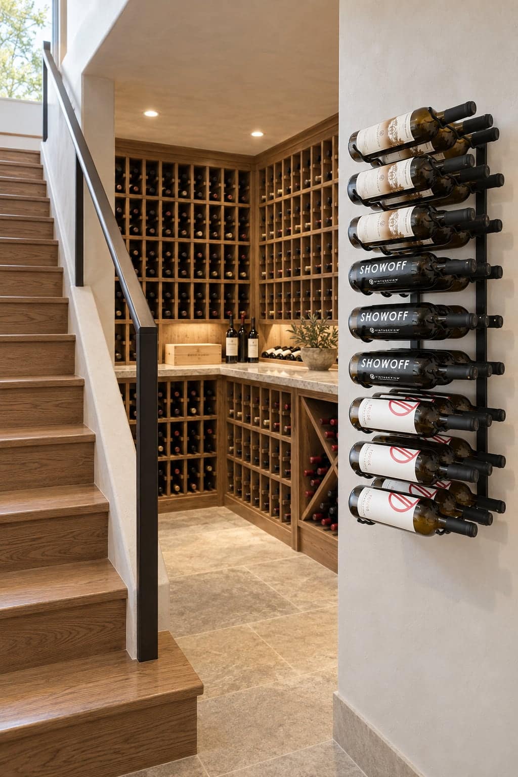 Staircase opening onto a wood-racked wine cellar with a metal wall rack of bottles in the foreground