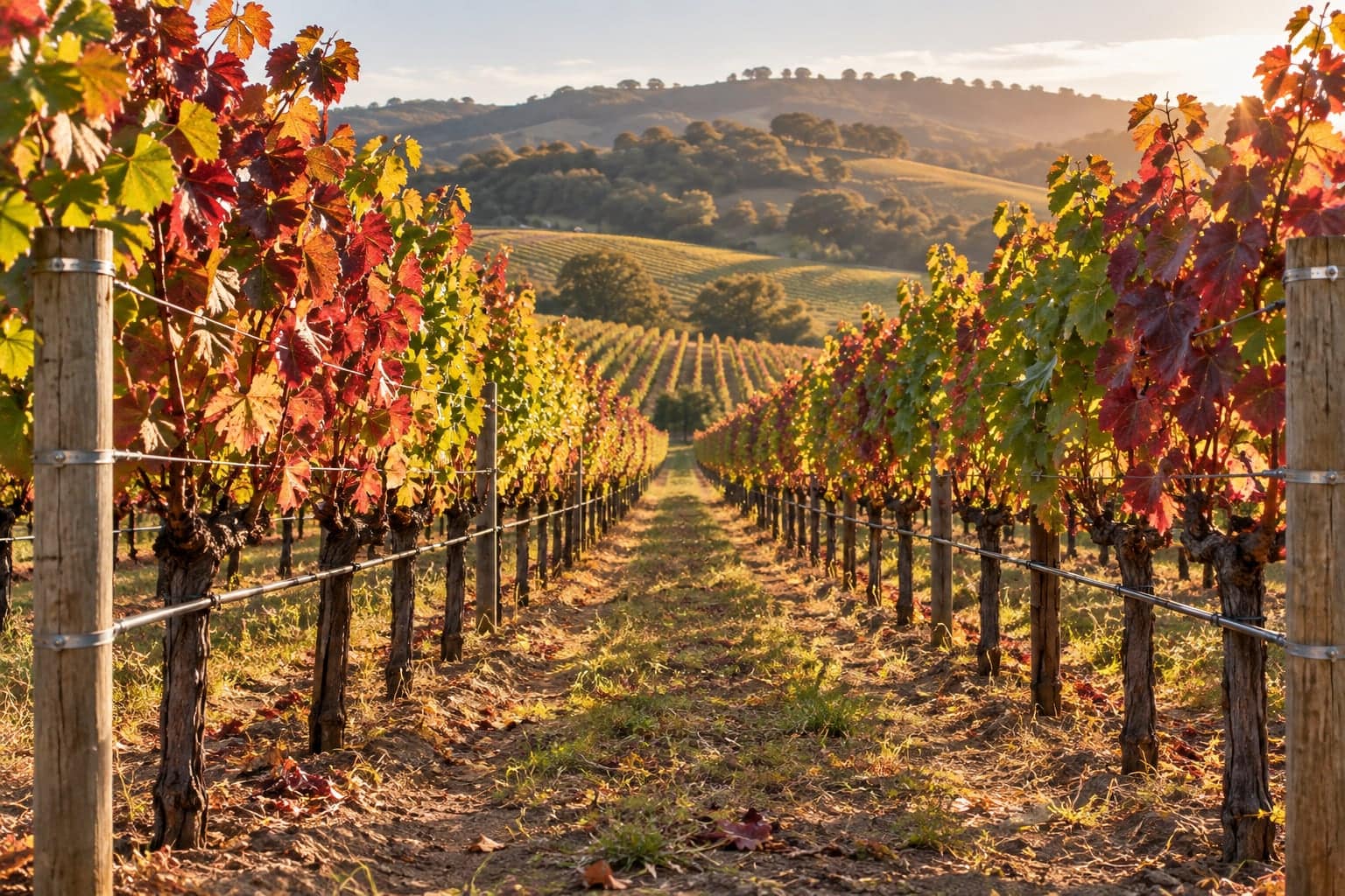 Vineyard rows with red and gold autumn leaves stretching toward hills at sunrise