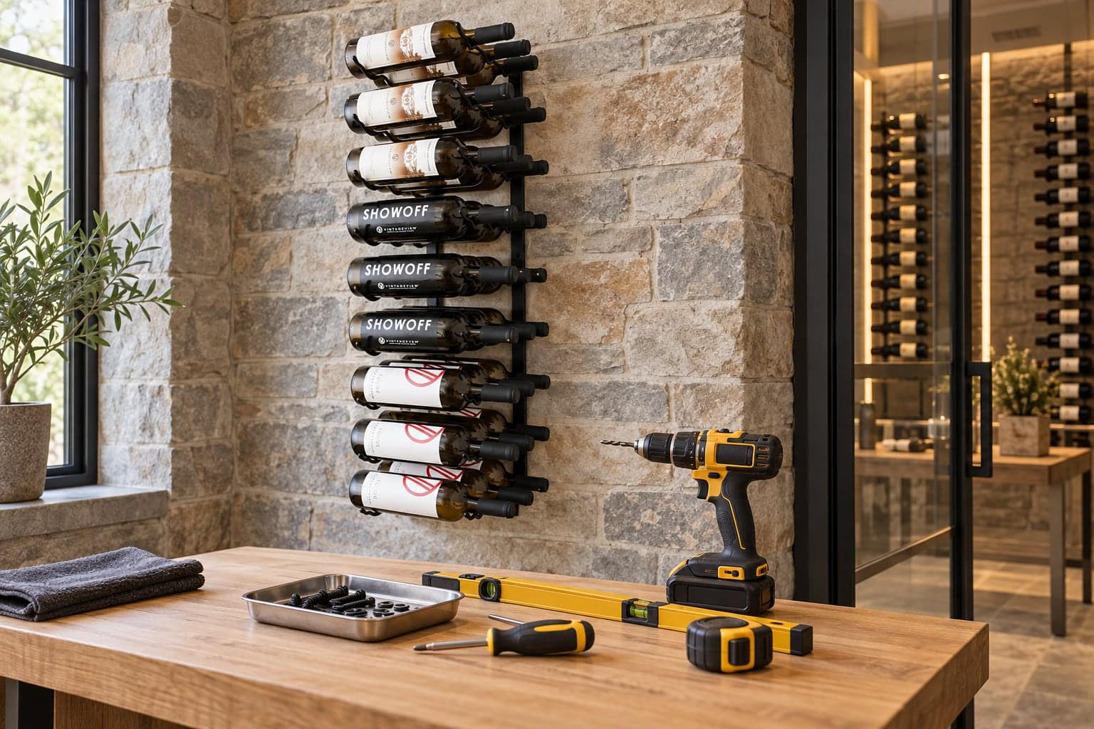 Drill, level and hardware laid out on a workbench beneath a VintageView rack install