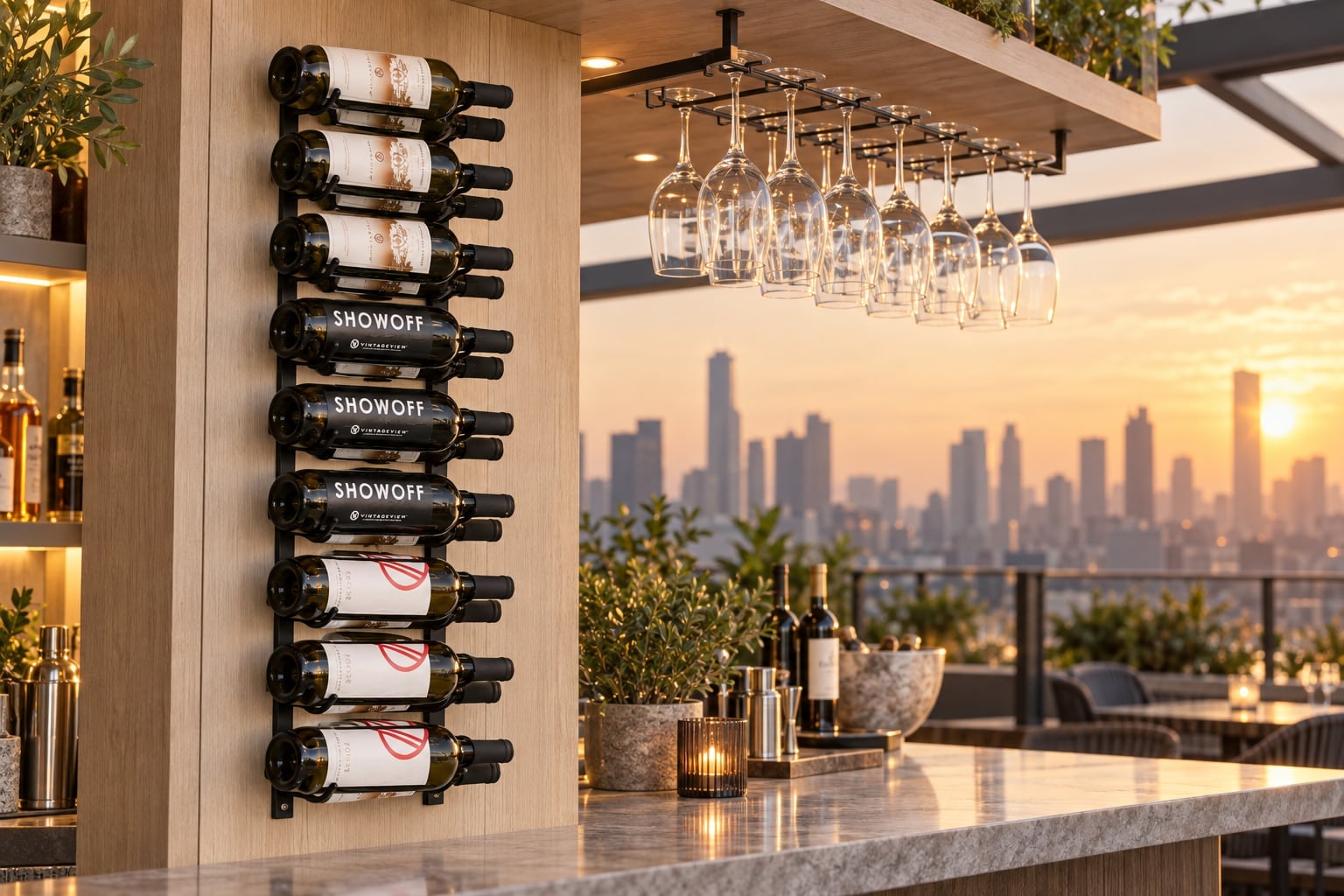 VintageView wall-mounted bottle rack on a rooftop bar with a city skyline at sunset