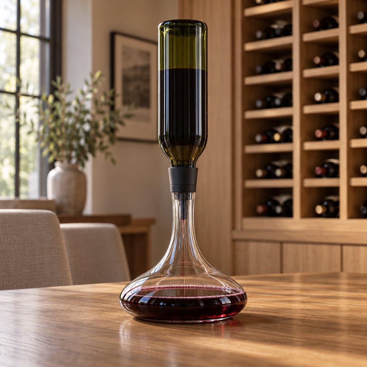 Wine bottle fitted with an aerator atop a glass decanter on a dining table near wood wine racking