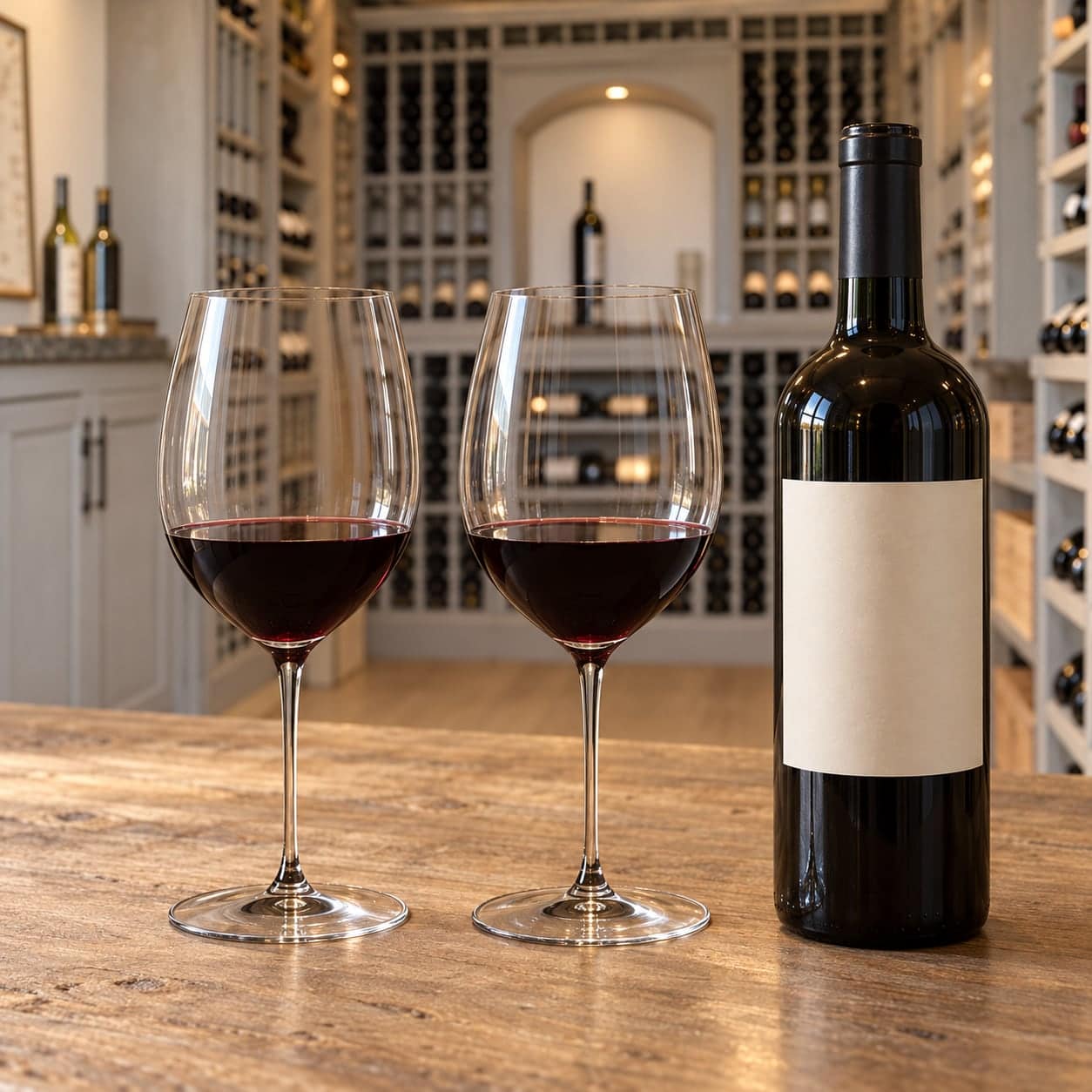 Two red-wine glasses and a bottle with a blank cream label sit on a wood table in front of pale cellar cabinetry.