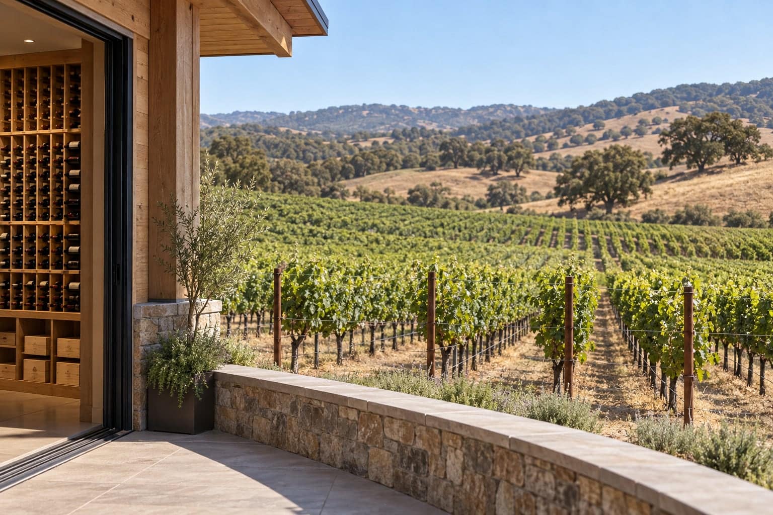 Stone patio with a wine cellar opening onto a Central Coast vineyard under clear sky