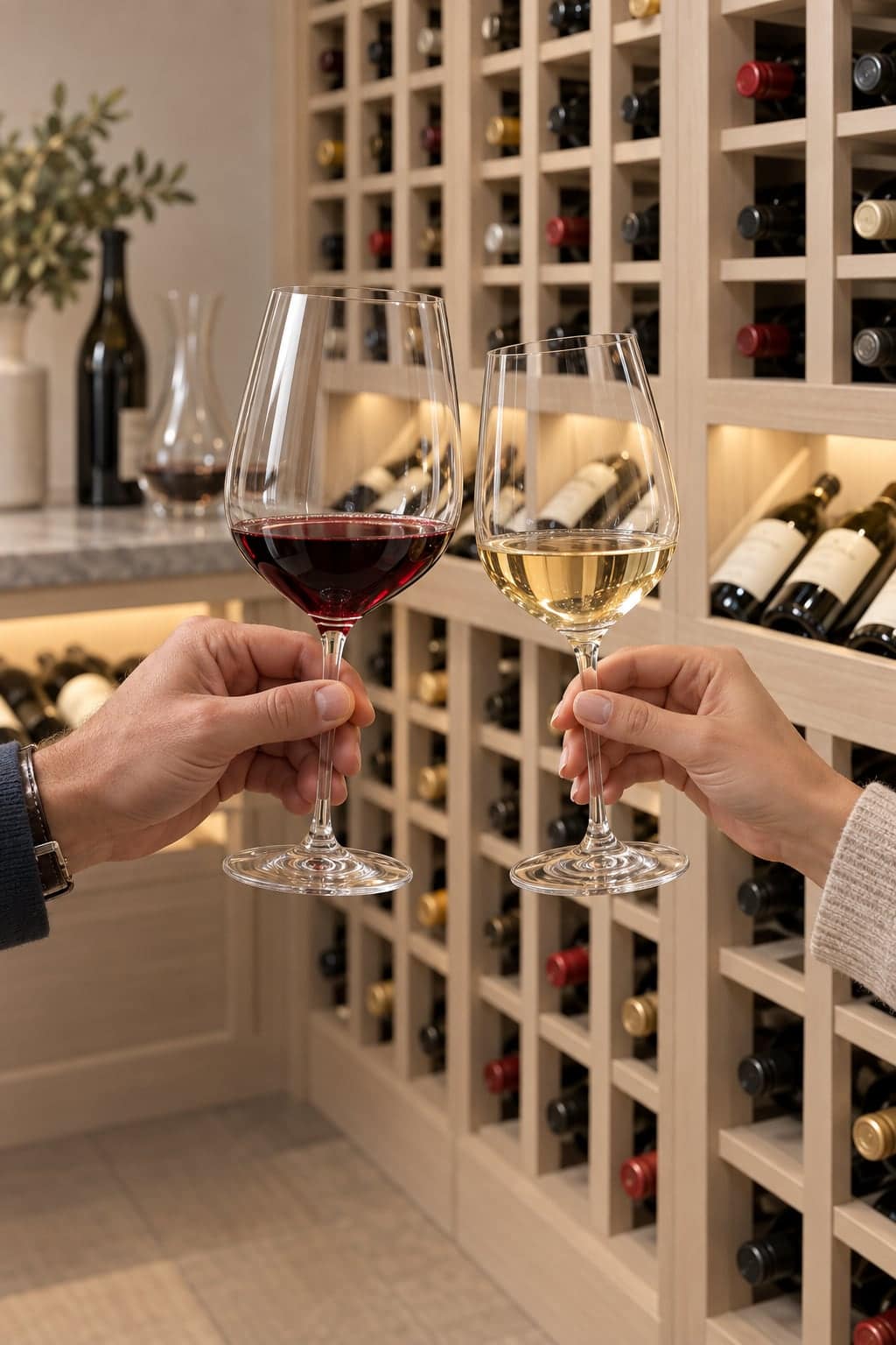 Hands holding red and white wine glasses correctly by the stem before oak wine racking and a decanter