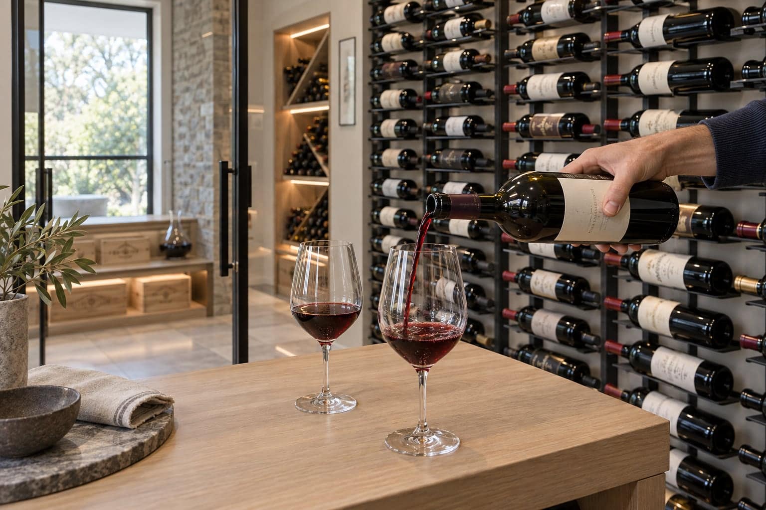 Red wine poured tableside with a metal wall rack and wooden crates behind