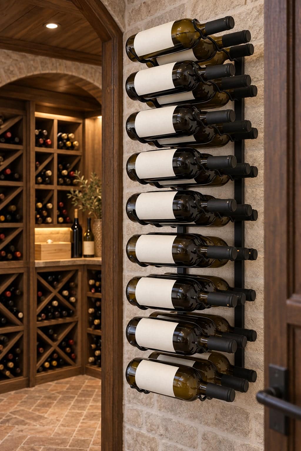 A black wall-mounted metal rack holds rows of plain-label wine bottles beside an arched doorway into a wood-lined cellar.
