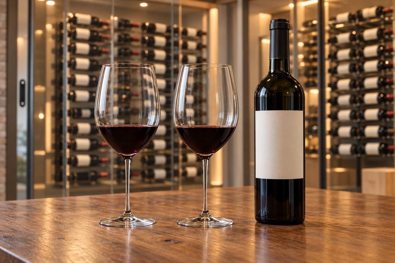 Two red-wine glasses and a bottle with a plain label sit on a wooden table before a glass wine wall.