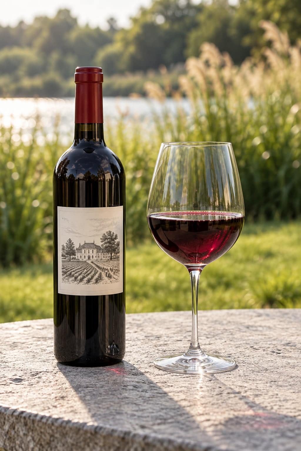 Wine bottle with illustrated chateau label and full glass on a stone table by a sunlit field