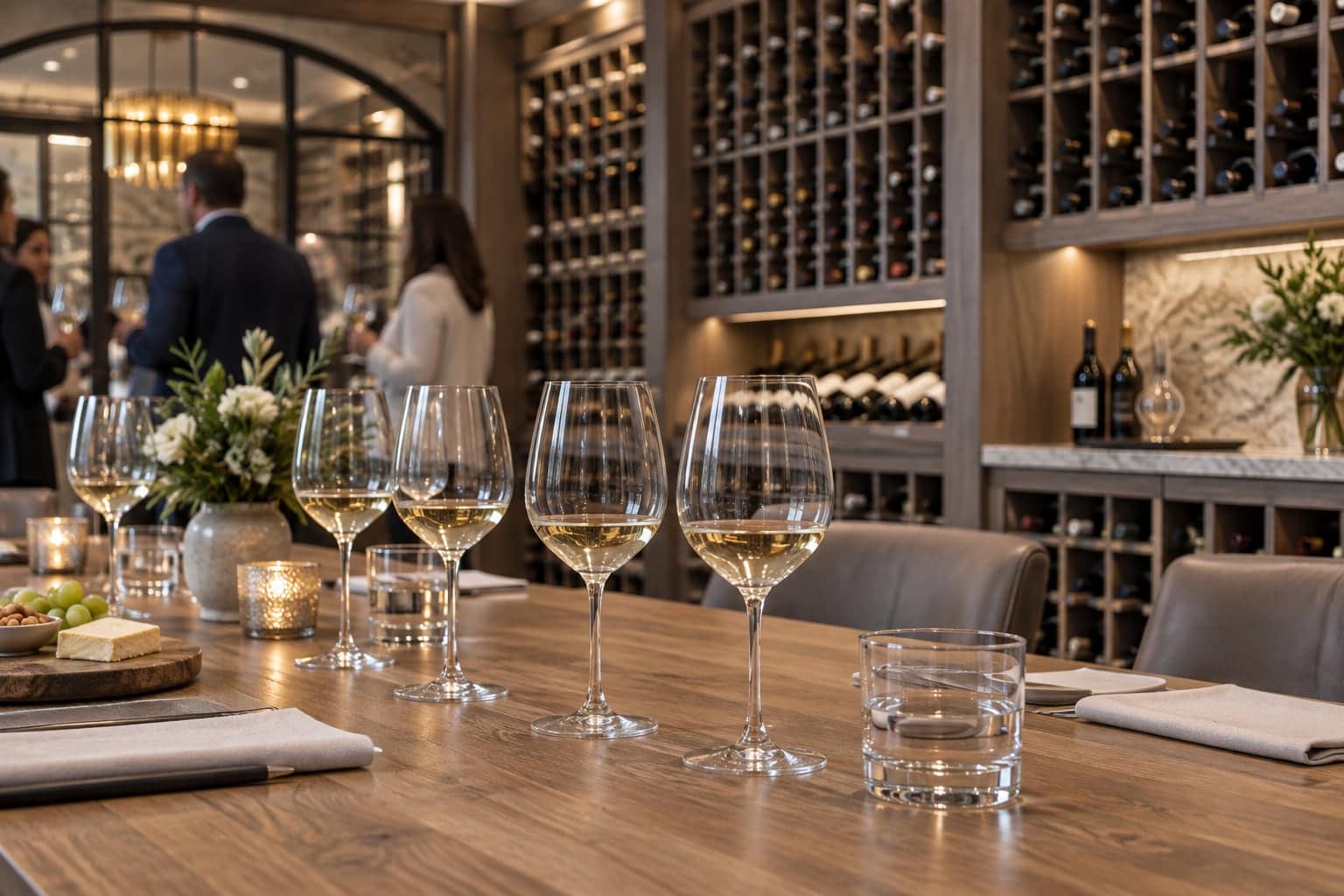 White wine glasses on a wood table at a cellar tasting event, guests in soft focus