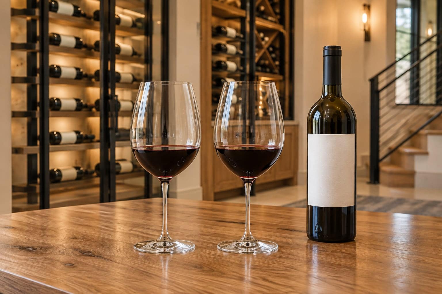 Two red-wine glasses and a bottle with a blank label sit on a wood table beside a glass-enclosed wine display.