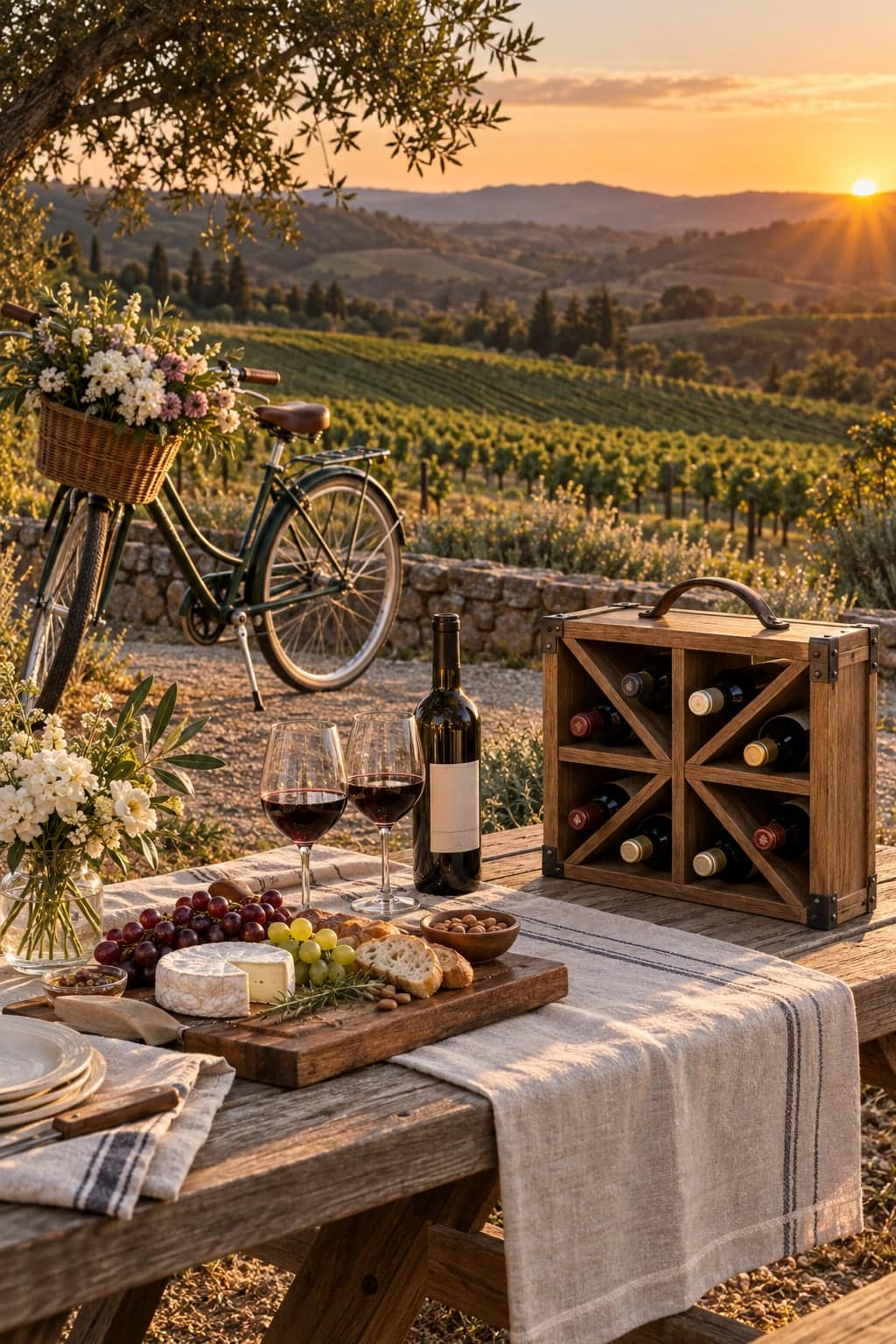 Vintage bicycle with flower basket beside a wine picnic spread overlooking a vineyard at sunset