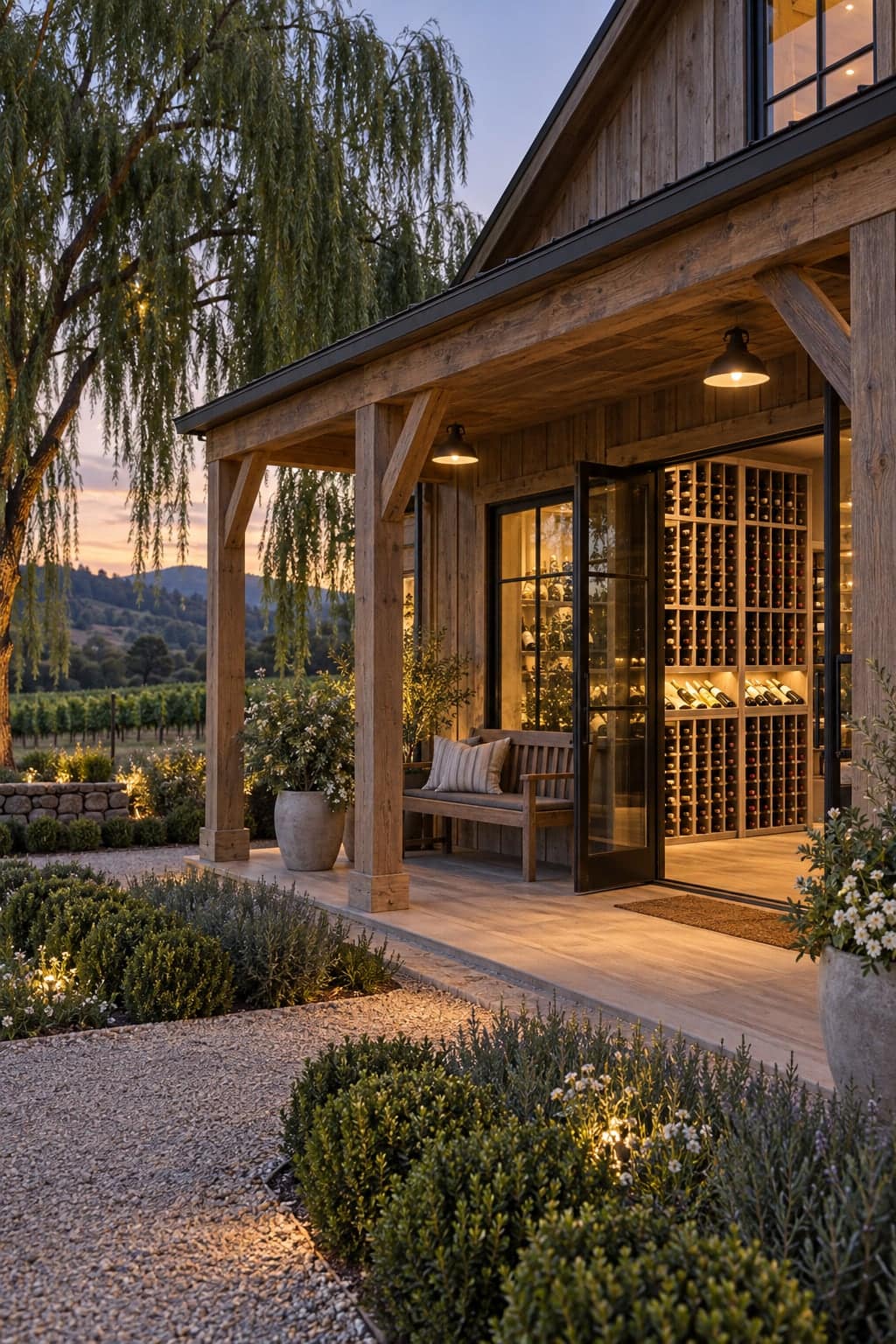 Wood farmhouse porch at dusk opening to a glass-walled wine cellar with stacked bottle racking