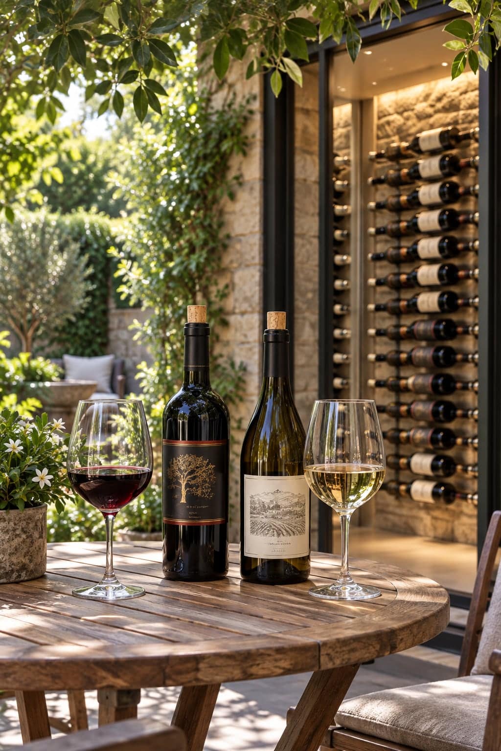 Red and white wine bottles with filled glasses on an outdoor bistro table beside a lit bottle wall