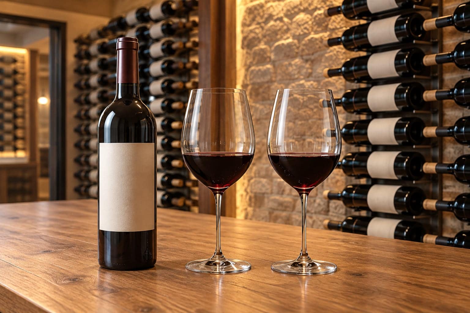 Two fine-stemmed red wineglasses beside a blank-label bottle, with orderly cellar racks behind a wood table.