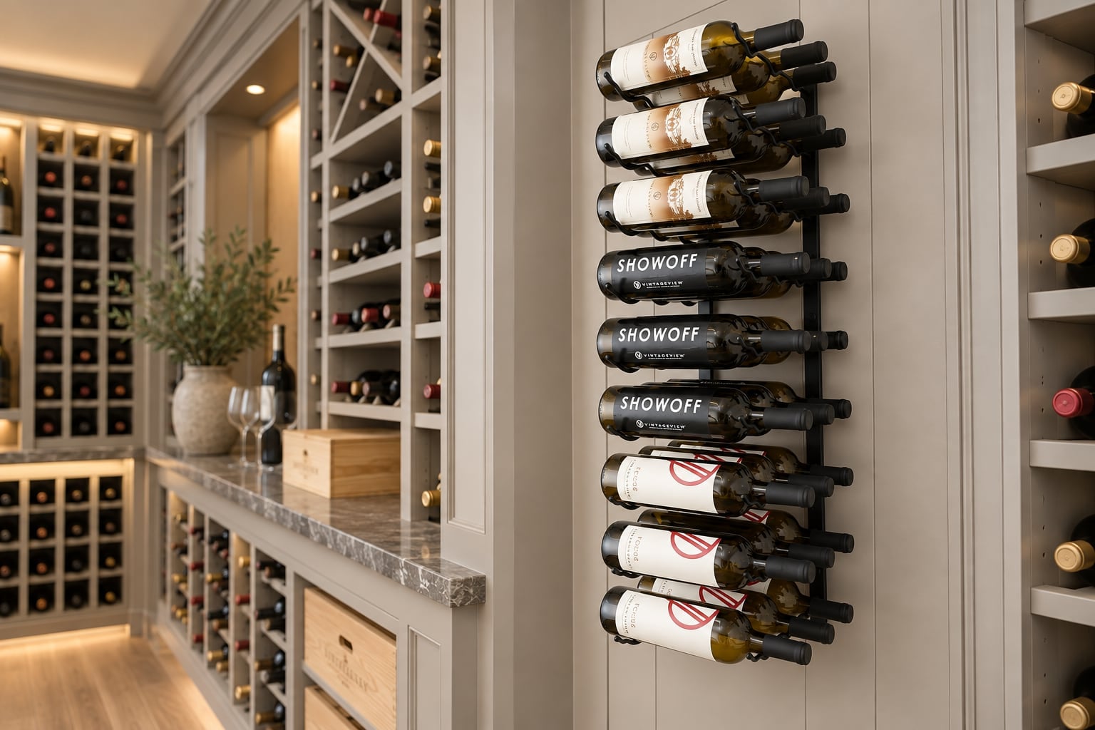 VintageView wall-mounted metal wine rack holding labeled bottles including Showoff wines