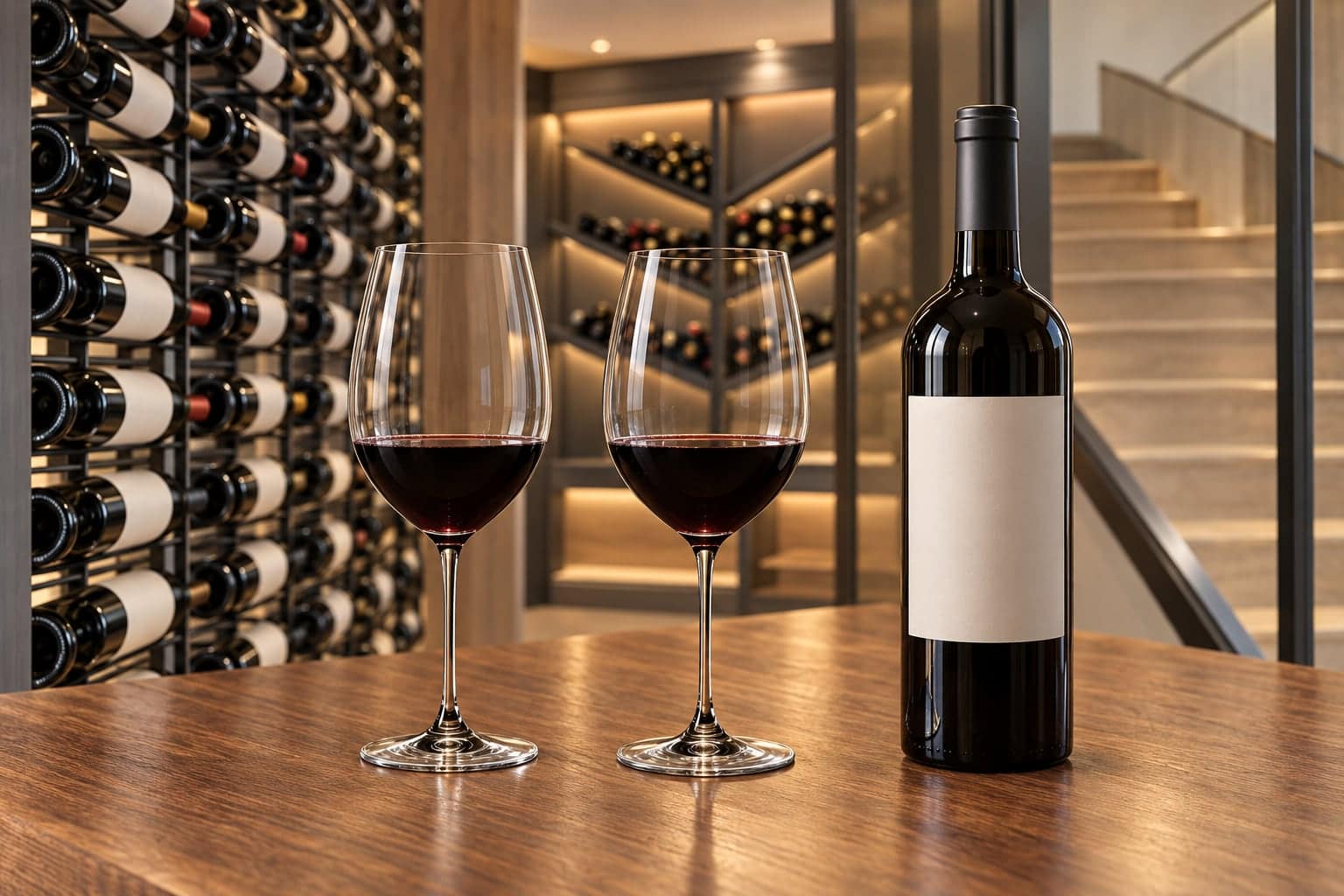 Two tall wine glasses and a blank-label bottle sit on a wooden tasting table beside a neatly stocked glass-enclosed cellar.