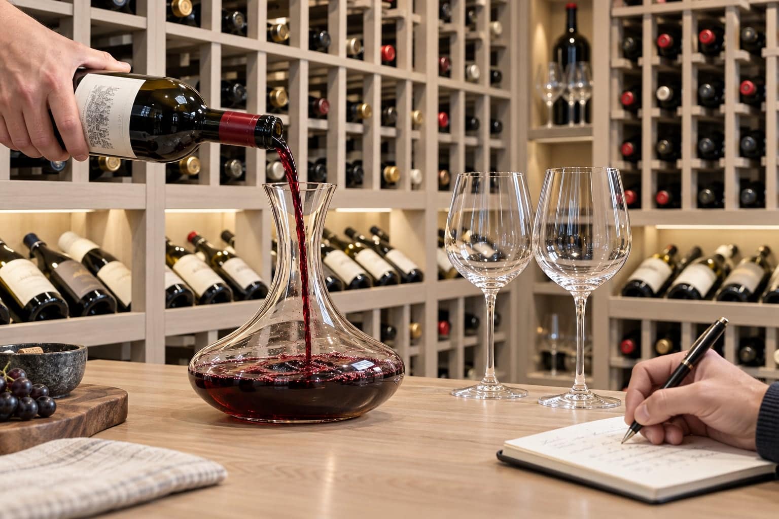 Hand pouring red wine into a glass decanter beside empty glasses and a notebook in a wine cellar