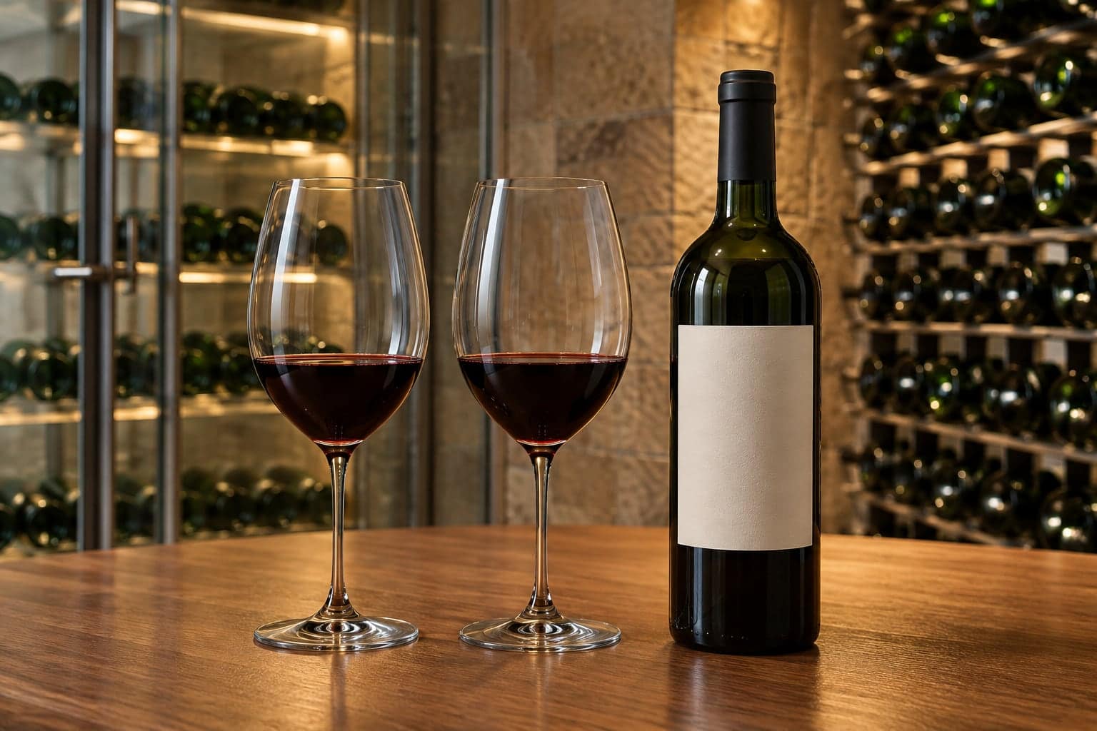 Two red wineglasses and a plain-label bottle on a wood tasting table beside glass-enclosed cellar racks.