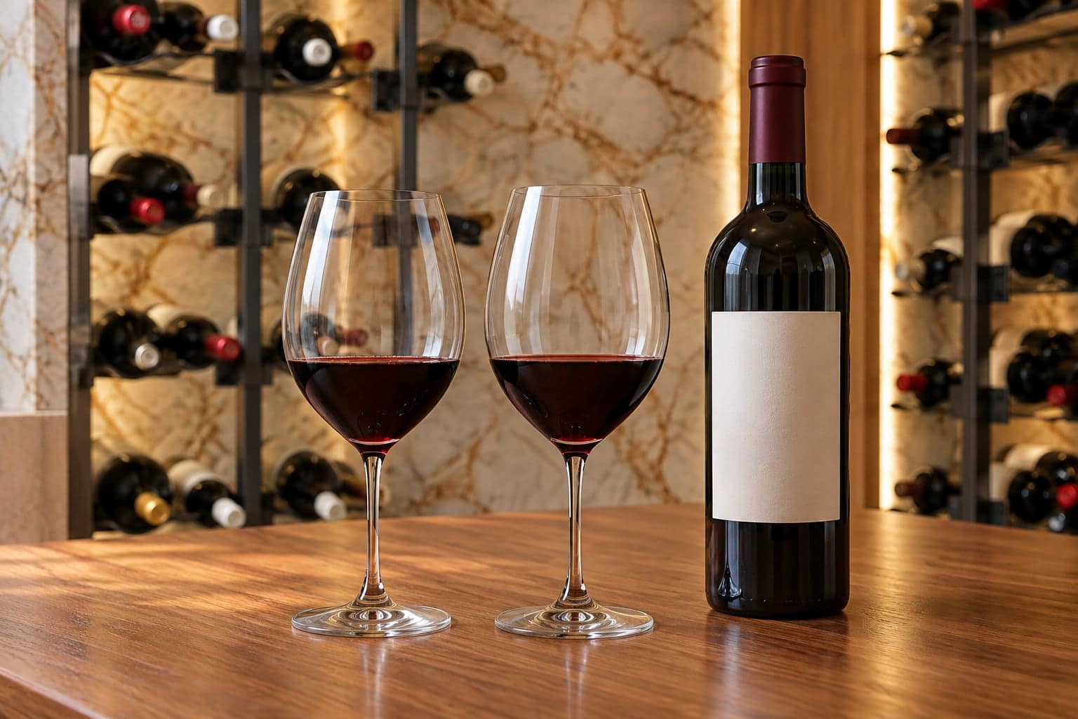 Two red-wine glasses and a plain-label bottle stand on a wood counter before metal cellar racks and pale stone.