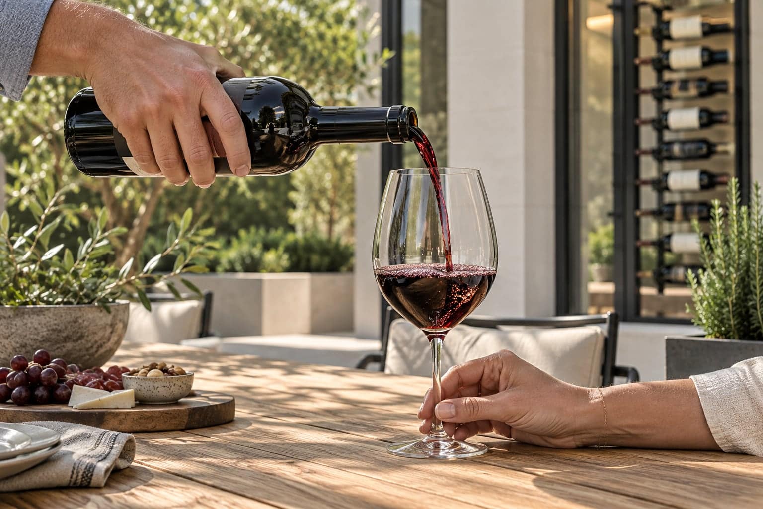 Hands pouring red wine into a glass at a sunlit outdoor table with a bottle wall behind