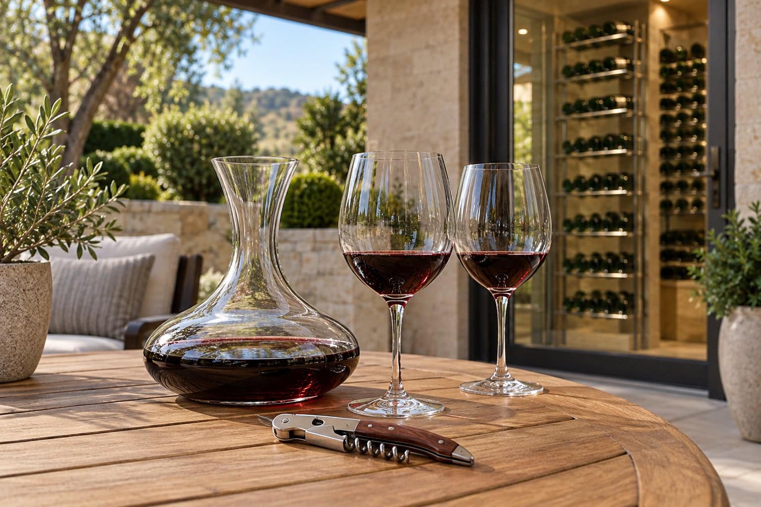 Decanter, two wine glasses, and a corkscrew on an outdoor wood table near a glass-walled cellar