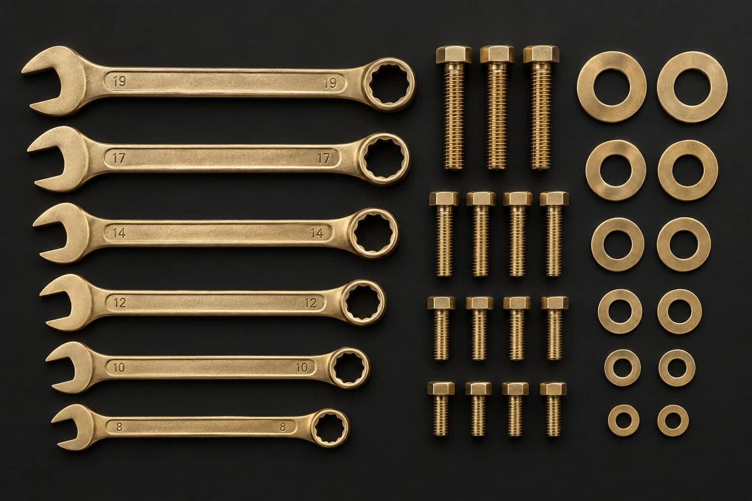 Rows of gold-toned combination wrenches, bolts and washers on a black background.