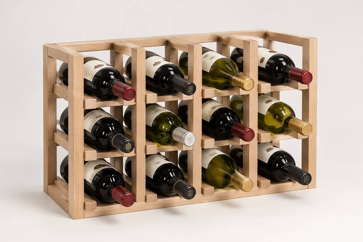Twelve wine bottles resting in a light oak cellar rack against a plain studio background