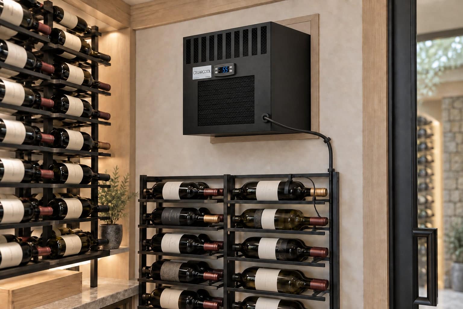 Wall-mounted CellarCool self-contained cooling unit installed above a loaded metal wine rack in a client cellar
