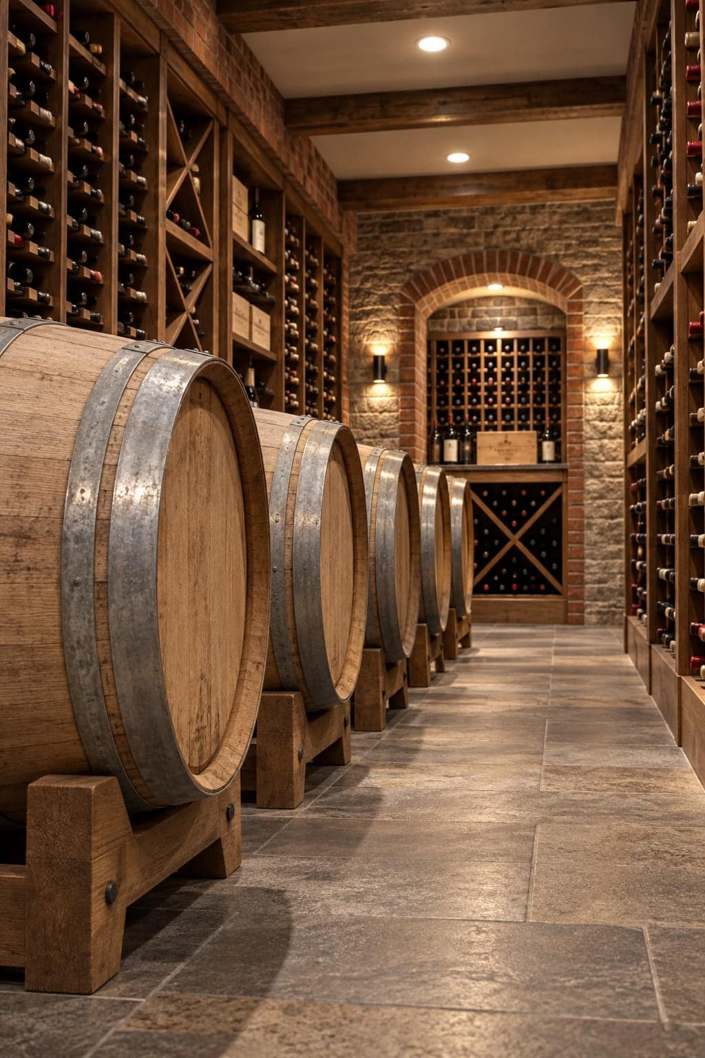 Row of oak wine barrels in a stone-and-brick cellar corridor with wine racking
