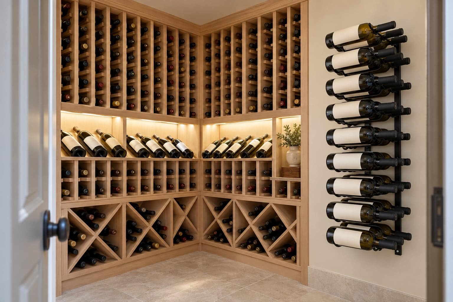 Custom wine cellar corner with unbranded blank labels and a wall-mounted pin rack beside the door