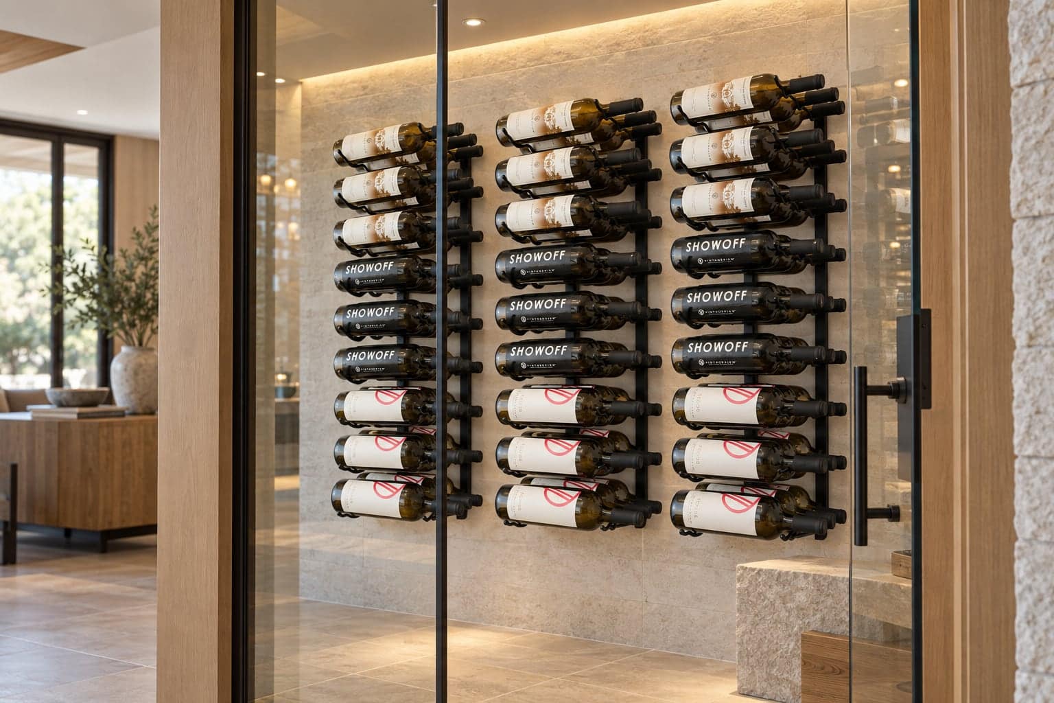 Wine bottles racked on black wall-mounted VintageView panels in a glass-walled home cellar