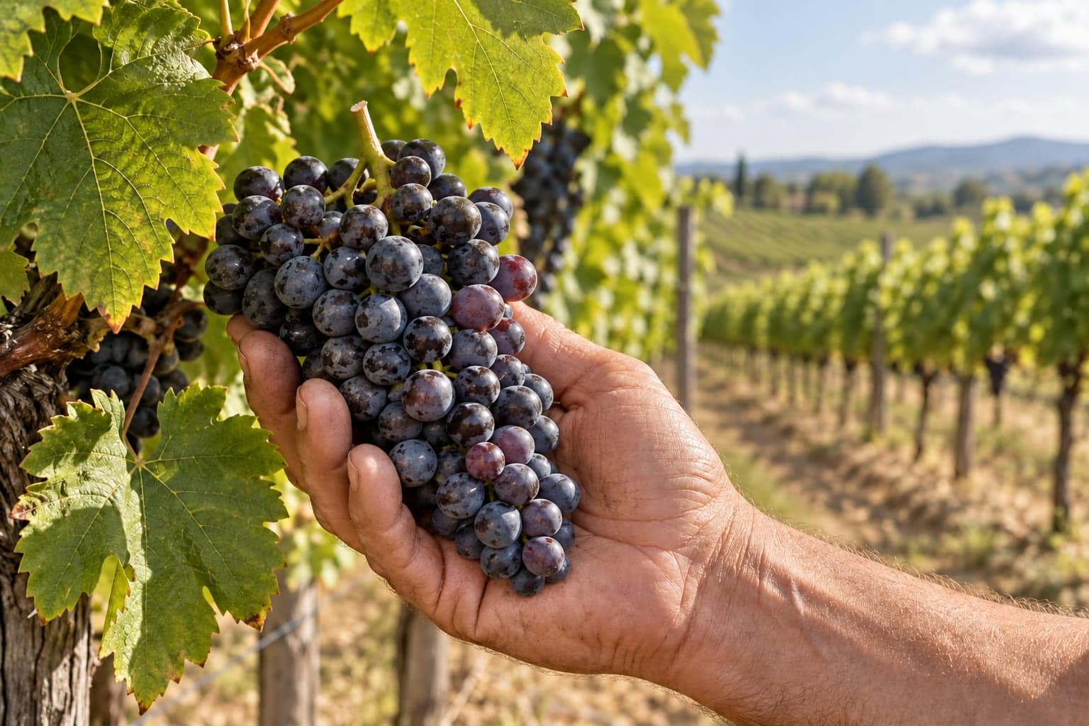 Hand holding a cluster of dark grapes in a sunlit vineyard row