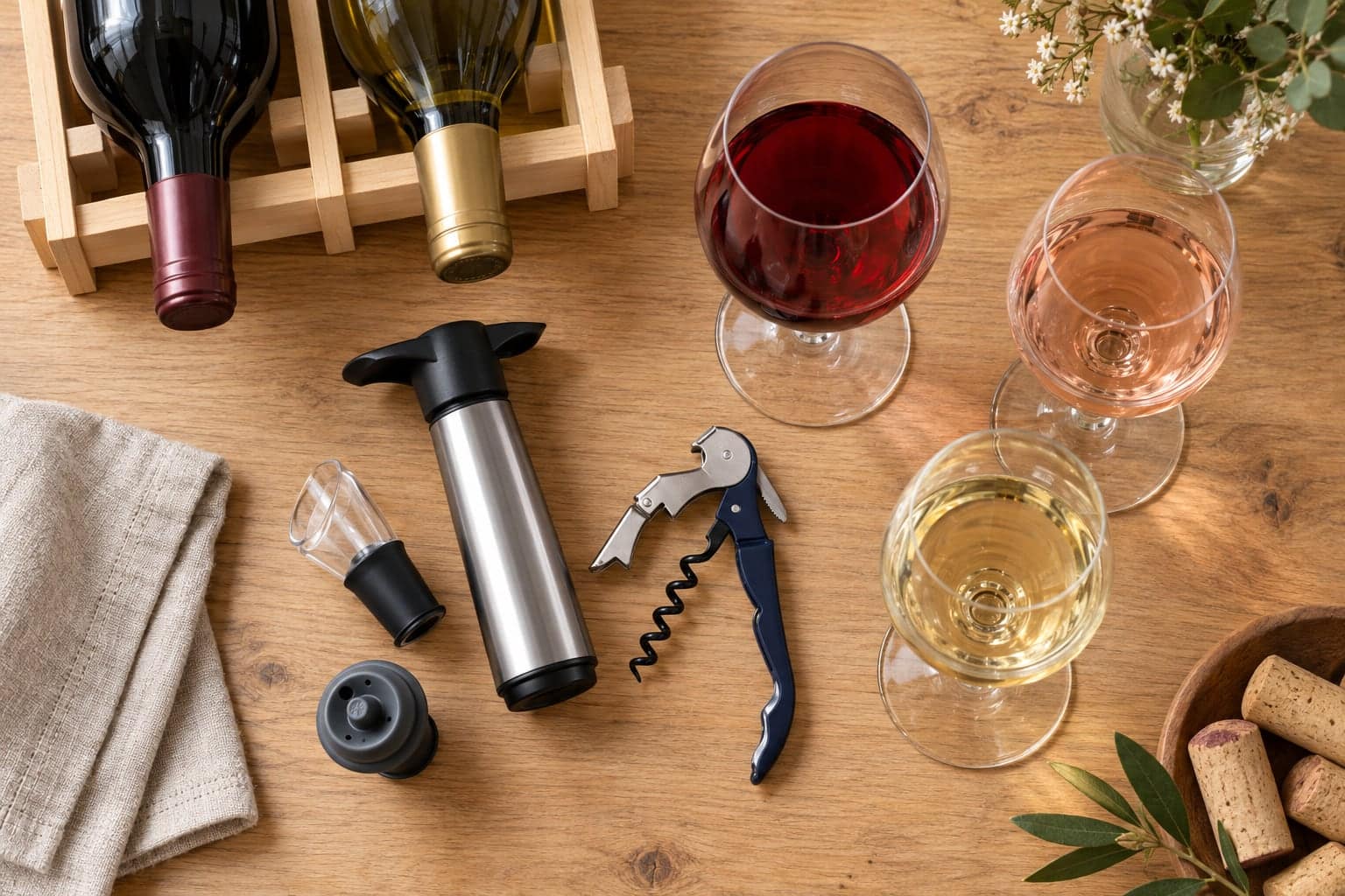 Wine tasting flat lay with preservation pump, corkscrew, and three filled glasses