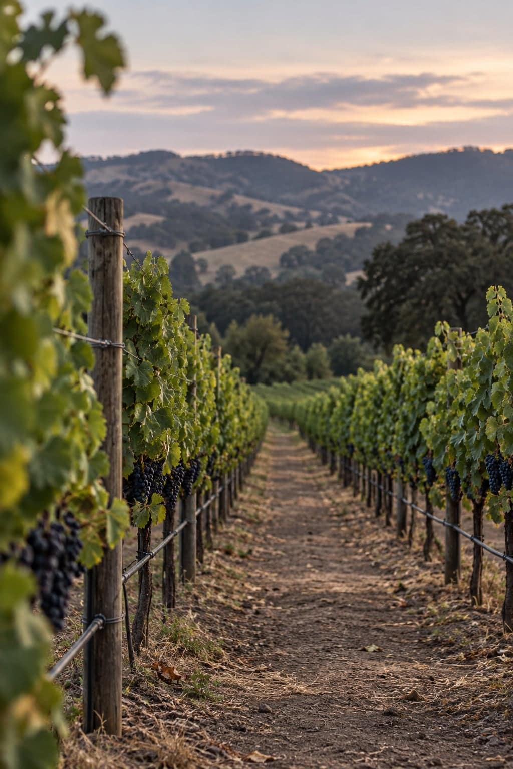 Dirt path through rows of grapevines at dusk with hills in the distance
