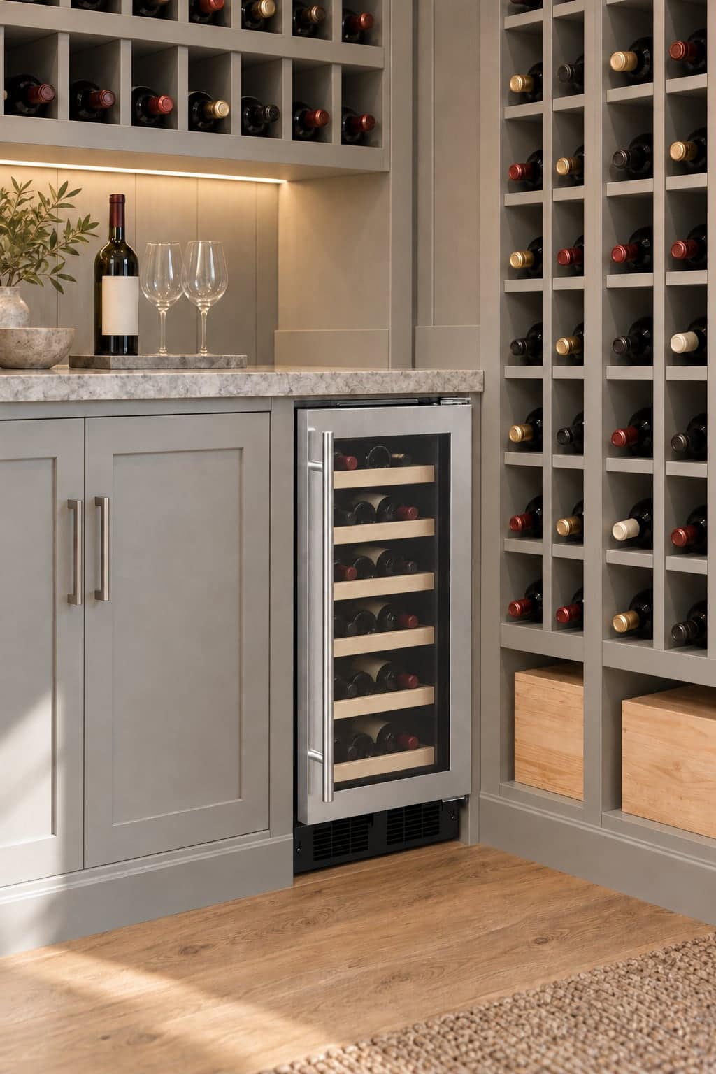 A narrow stainless-and-glass wine refrigerator sits beneath a pale stone counter beside orderly painted bottle cubbies.
