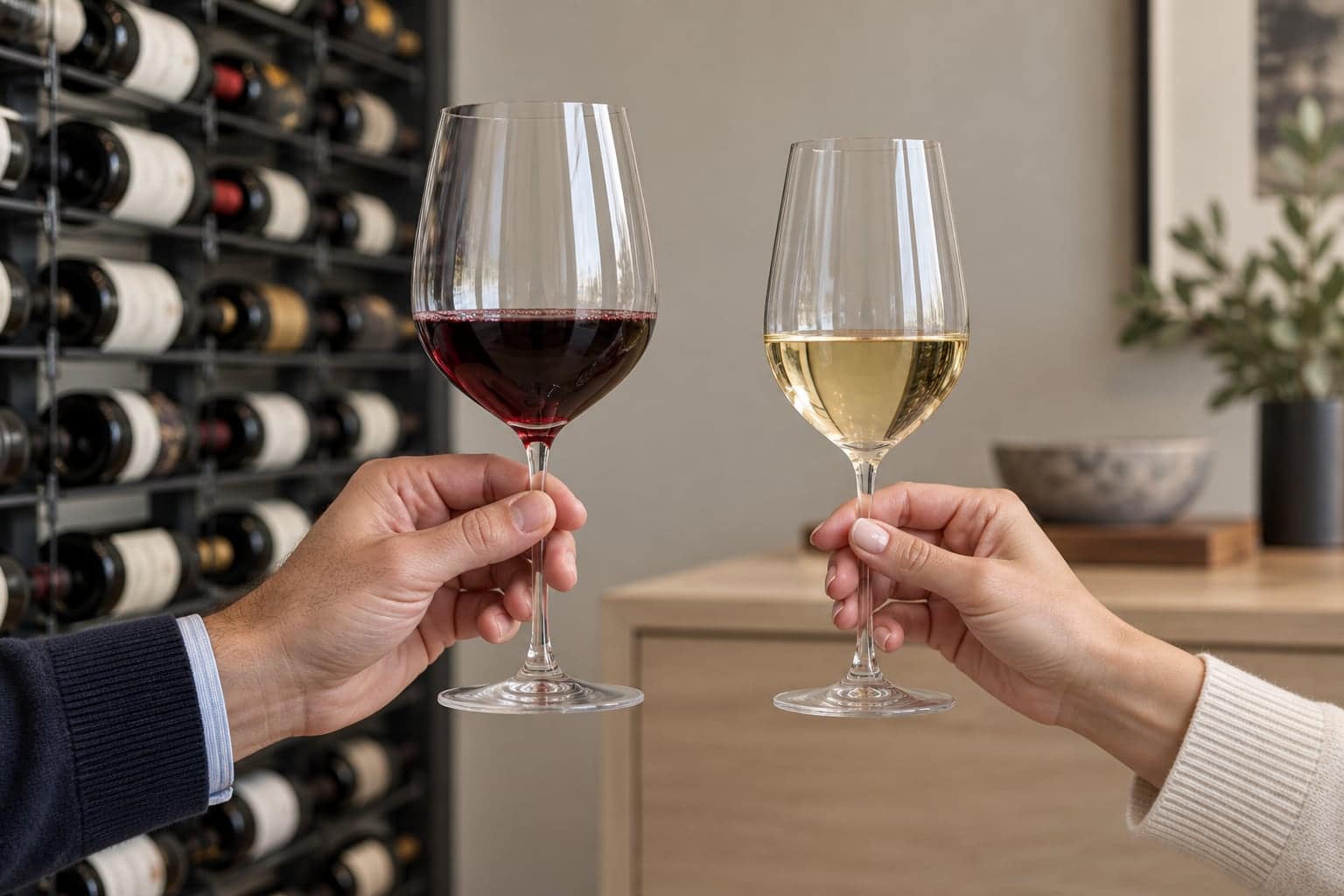 Hands holding red and white wine glasses correctly by the stem in front of a wall-mounted bottle rack