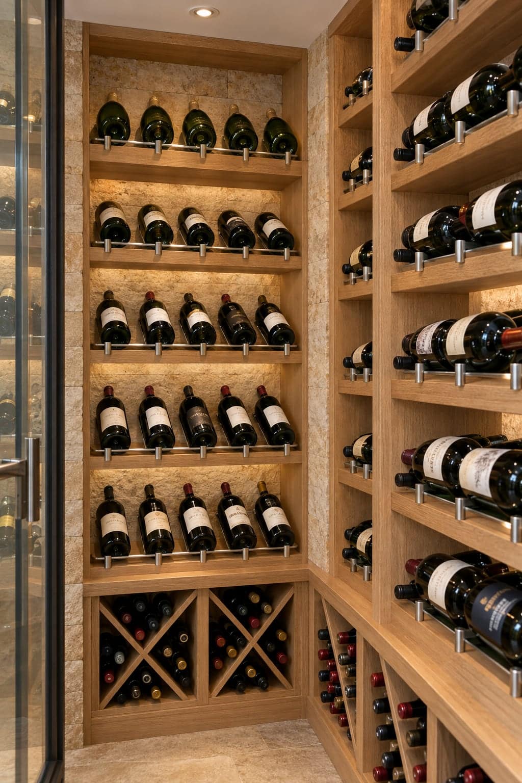 Light wood cellar niche with pin-mounted bottle rows above a stone tile backsplash