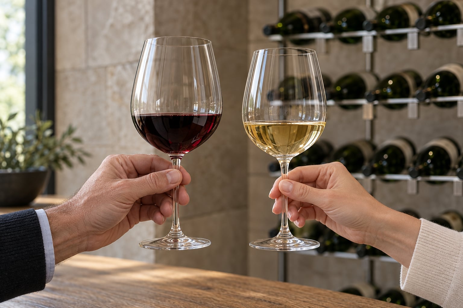 Hands holding red and white wine glasses correctly by the stem before a metal wall-mounted bottle rack