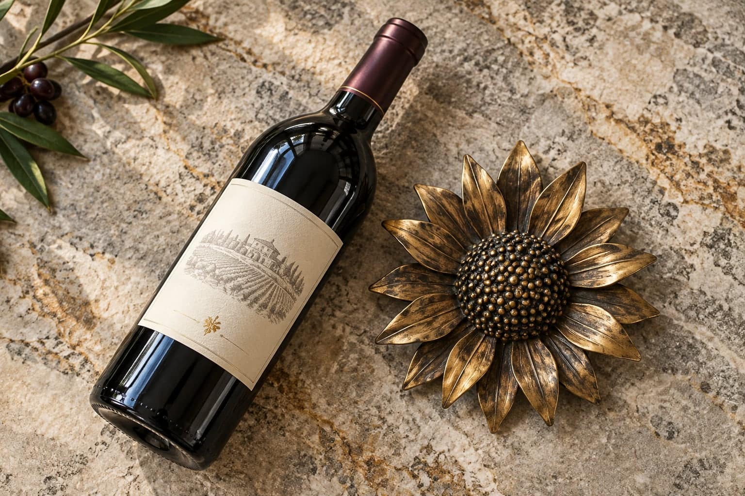 Wine bottle with illustrated estate label beside a bronze sunflower decoration on stone