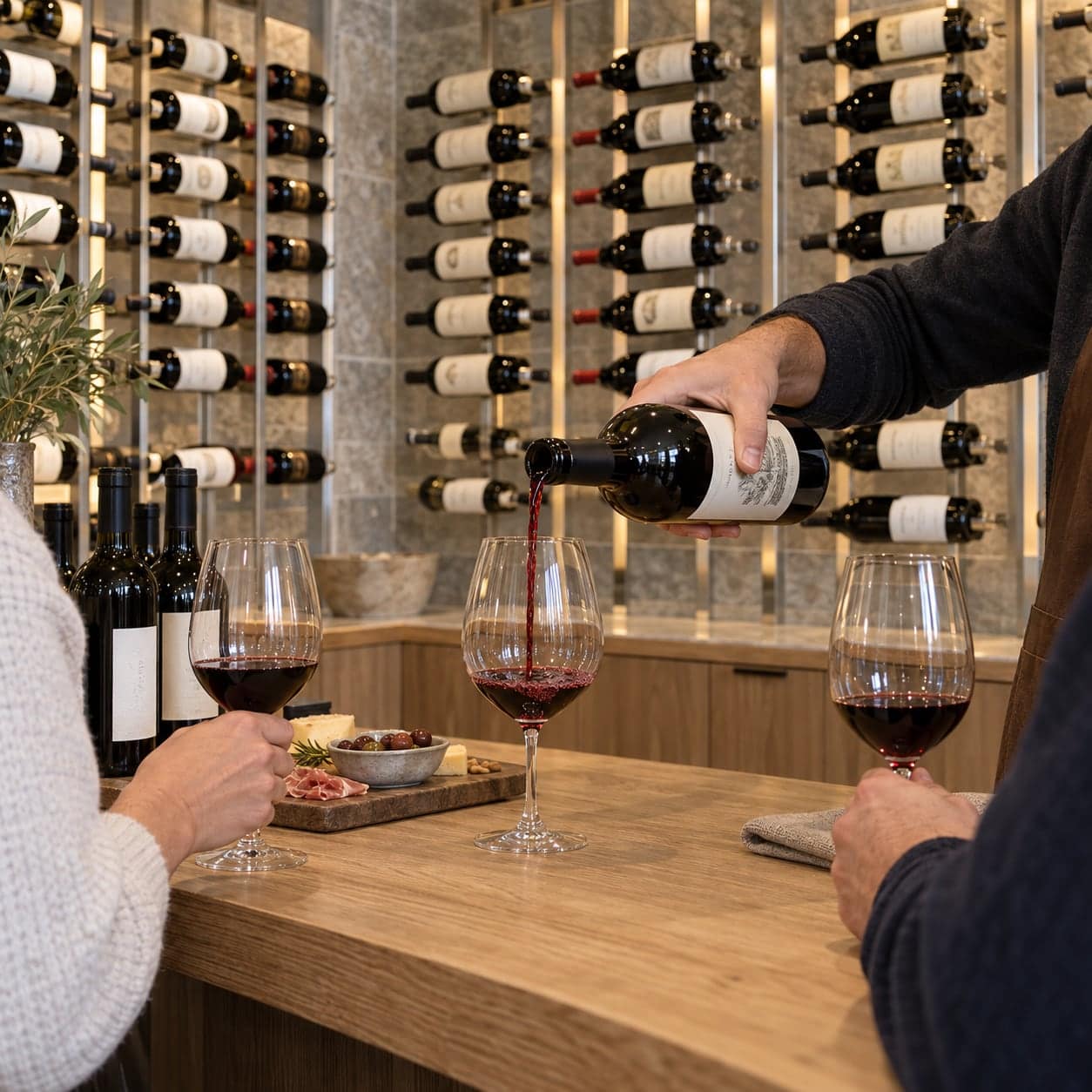 Two people tasting wine with a charcuterie board in front of a lit bottle wall