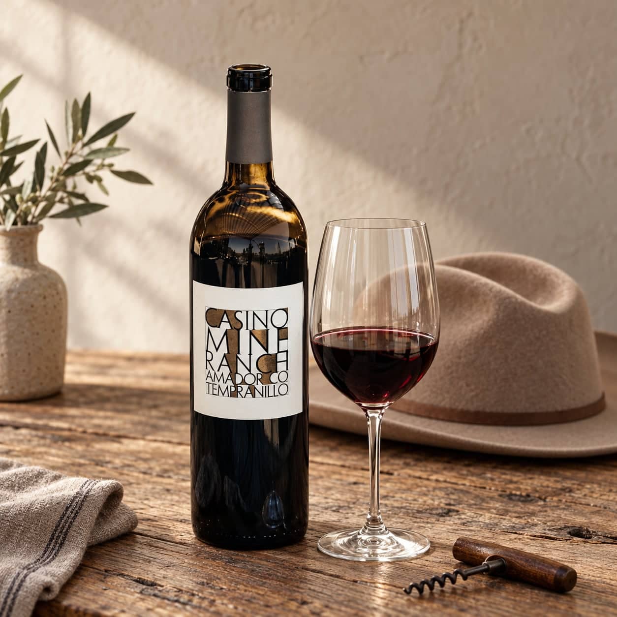 Casino Mine Ranch Tempranillo bottle and filled wine glass beside a felt hat on wood table