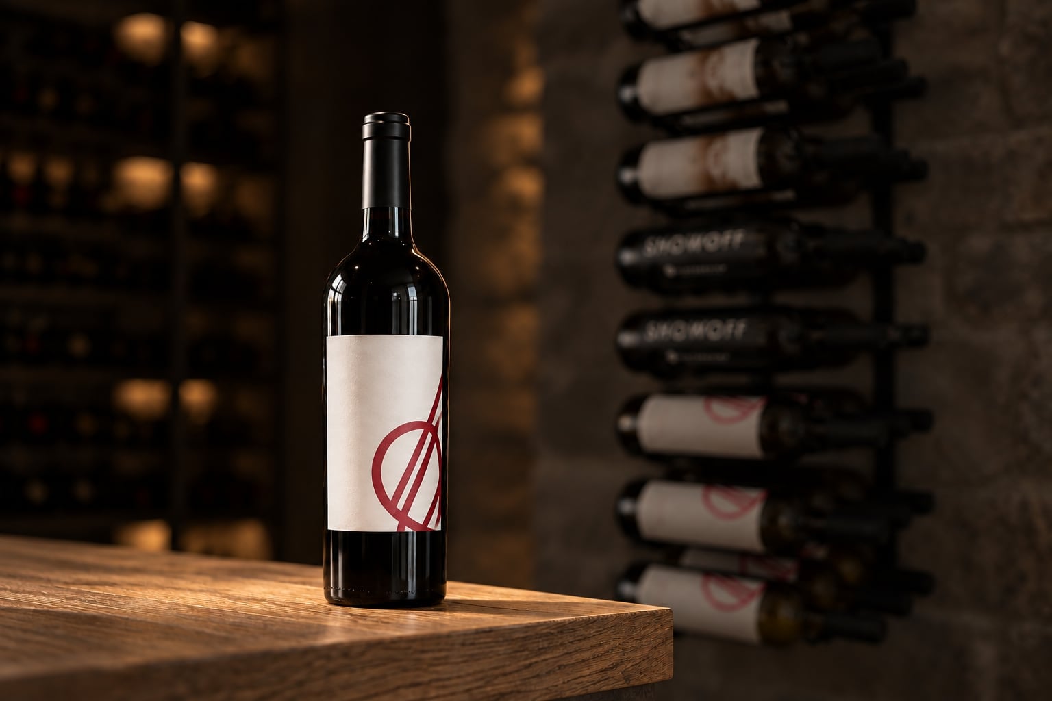 Single wine bottle with plain label lit on a wood counter against blurred dark cellar racking